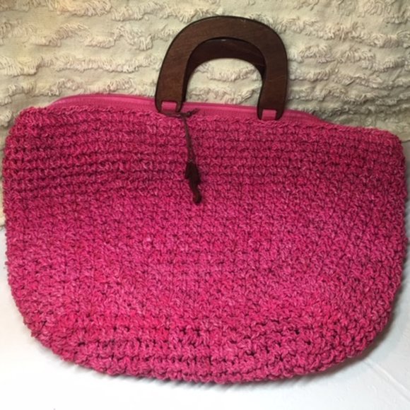 Liz Claiborne Pink Corn Husk Weave Wooden Handle Handbag Tote Large - Picture 8 of 12